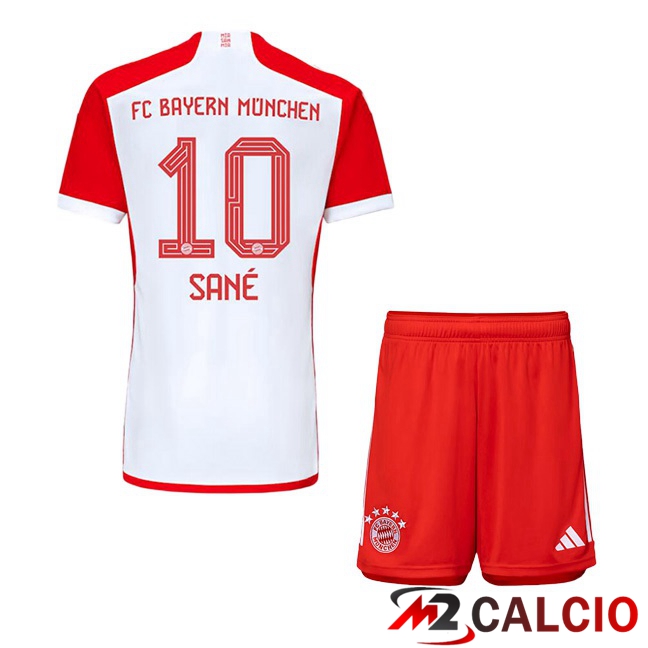 Maglie Calcio Bayern Monaco (Sané 10) Bambino Prima Bianco Rosso 2023/2024