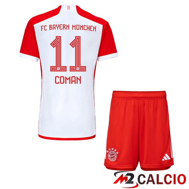 Maglie Calcio Bayern Monaco (Coman 11) Bambino Prima Bianco Rosso 2023/2024