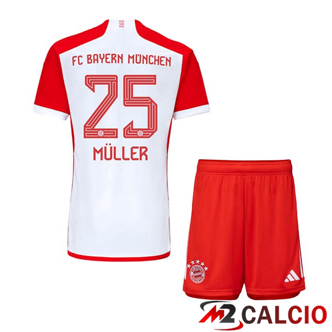 Maglie Calcio Bayern Monaco (Müller 25) Bambino Prima Bianco Rosso 2023/2024