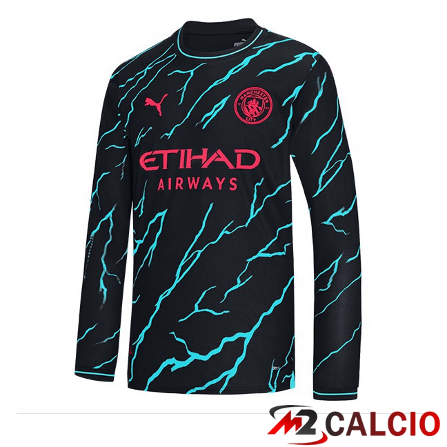 Maglie Calcio Manchester City Terza Manica Lunga Blu Nero 2023/2024