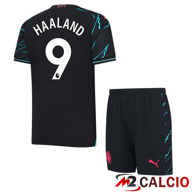 Maglie Calcio Manchester City (Erling Haaland 9) Bambino Terza Blu Nero 2023/2024