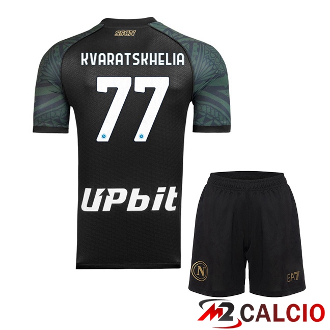 Maglie Calcio SSC Napoli (Khvicha Kvaratskhelia 77) Bambino Terza Nero 2023/2024