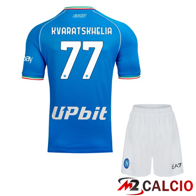 Maglie Calcio SSC Napoli (Khvicha Kvaratskhelia 77) Bambino Prima Blu 2023/2024