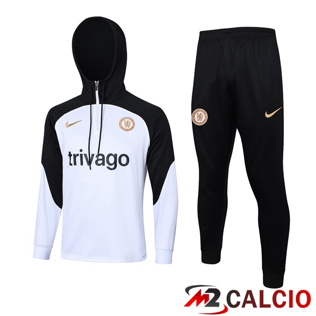 Insieme Tuta Calcio Con Cappuccio FC Chelsea Bianco Nero 2023/2024