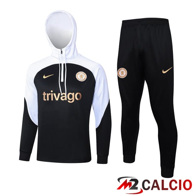 Tuta Calcio - Felpa Con Cappuccio FC Chelsea Nero Bianco 2024/2025