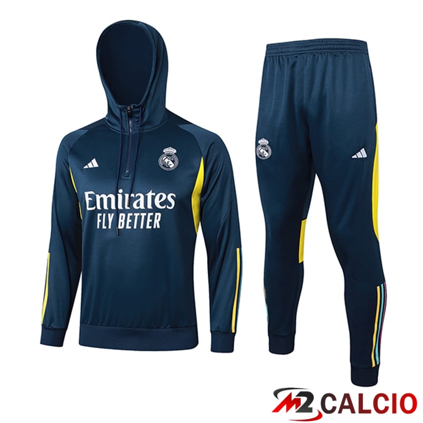 Insieme Giacca A Vento Con Cappuccio Tuta Real Madrid Blu/Giallo 2023/2024