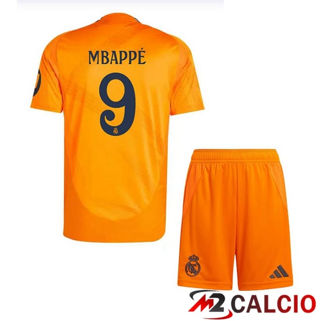 Maglie Calcio Real Madrid (Mbappé 9) Bambino Seconda Arancia 2024/2025
