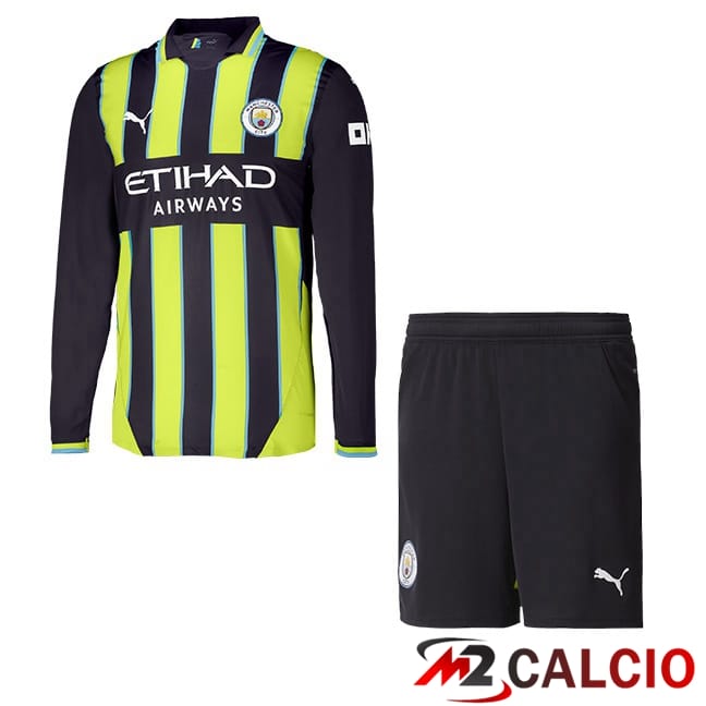 Maglie Calcio Manchester City Bambino Seconda Manica Lunga Verde Nero 2024/2025