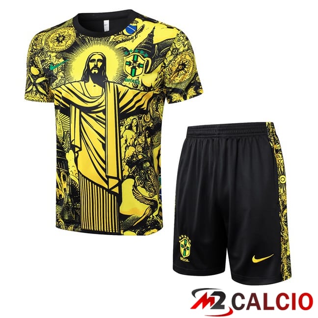 Insieme T Shirt Allenamento Brasile + Pantaloncini Giallo 2024/2025