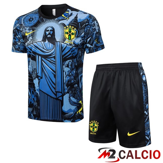 Insieme T Shirt Allenamento Brasile + Pantaloncini Blu 2024/2025