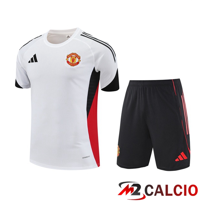 Insieme T Shirt Allenamento Manchester United + Pantaloncini Bianco 2025/2026
