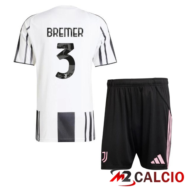 Maglie Calcio Juventus (BREMER 3) Bambino Prima Nero Bianco 2025/2026
