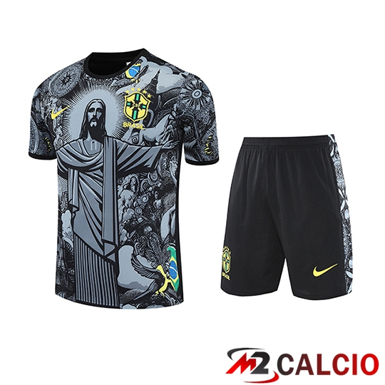 Insieme T Shirt Allenamento Brasile Bambino Grigio/Nero 2025/2026