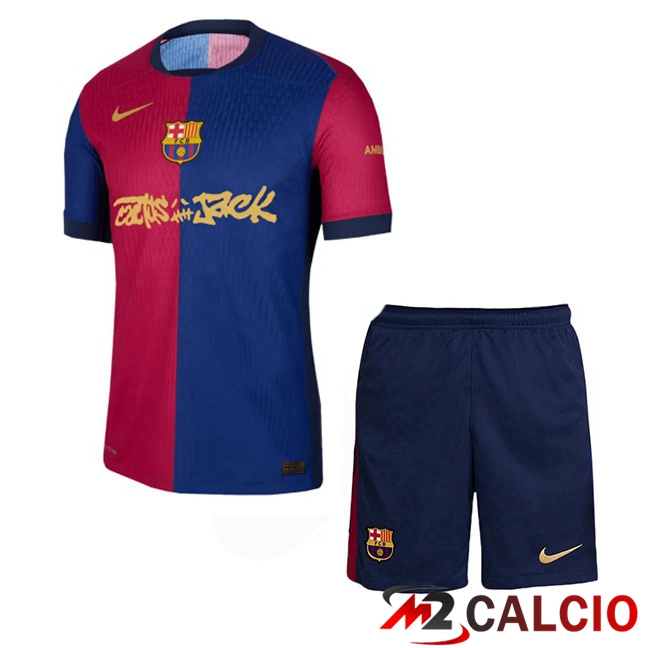 Maglie Calcio FC Barcellona Bambino Prima Travis Scott Blu Reale Rosso 2024/2025