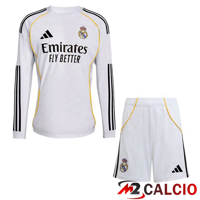Maglie Calcio Real Madrid Bambino Prima Manica Lunga Bianco 2025/2026