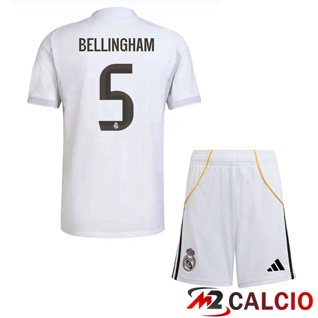 Maglie Calcio Real Madrid (Bellingham 5) Bambino Prima Bianco 2025/2026