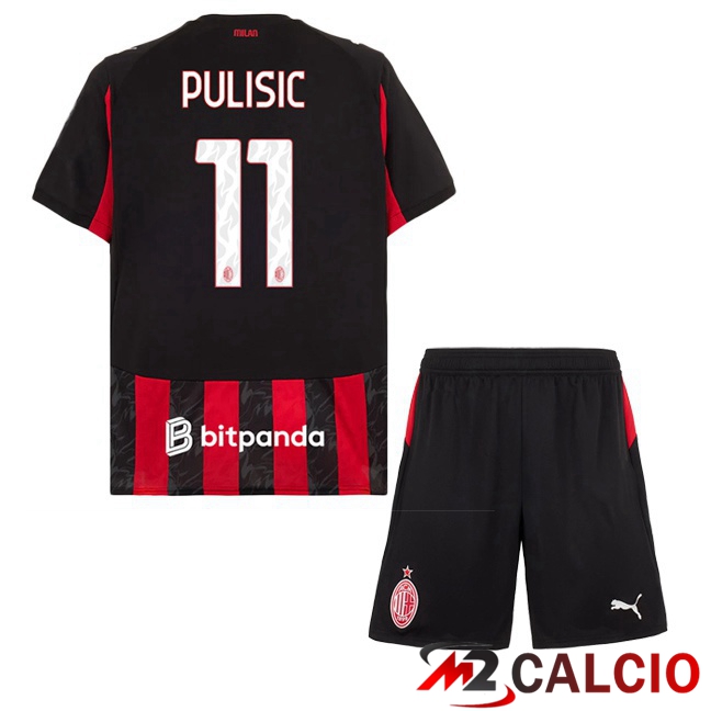 Maglie Calcio AC Milan (Pulisic 11) Bambino Prima Rosso Nero 2025/2026