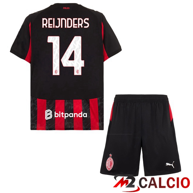 Maglie Calcio AC Milan (Reijnders 14) Bambino Prima Rosso Nero 2025/2026