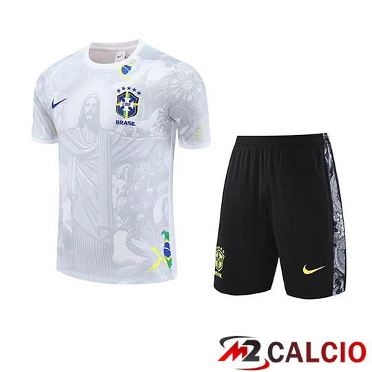 Insieme T Shirt Allenamento Brasile Bambino Bianco Grigio 2025 2026