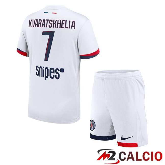 Maglie Calcio Paris PSG (Kvaratskhelia 7) Bambino Seconda Bianco 2025/2026