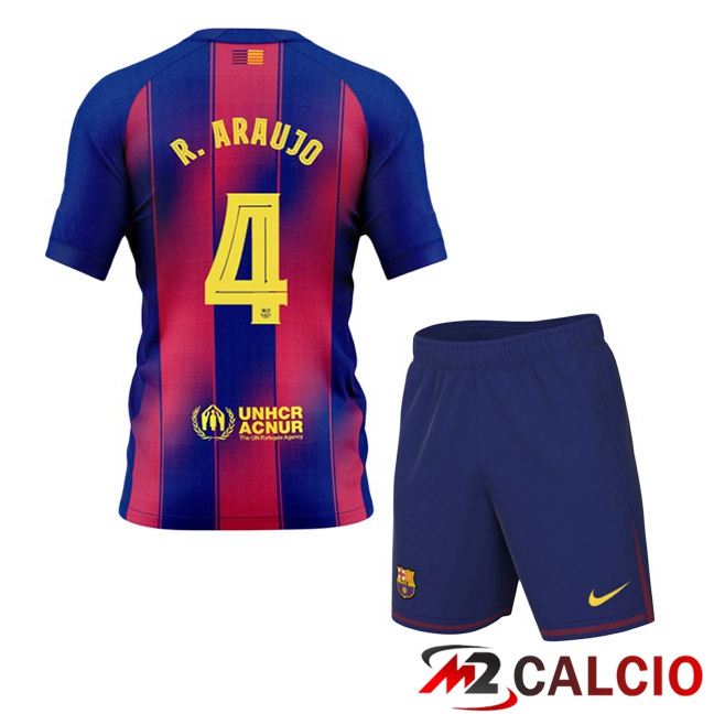 Maglie Calcio FC Barcellona (R. ARAUJO 4) Bambino Prima Blu Rosso 2025/2026