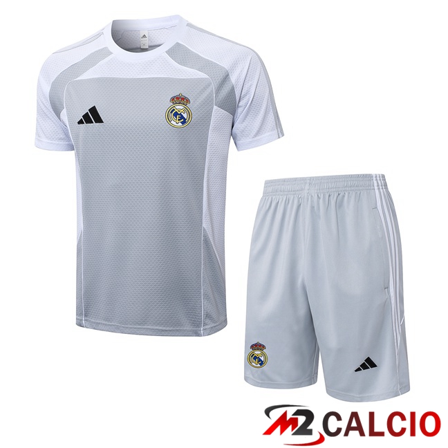 Insieme T Shirt Allenamento Real Madrid + Pantaloncini Bianco Grigio 2025/2026