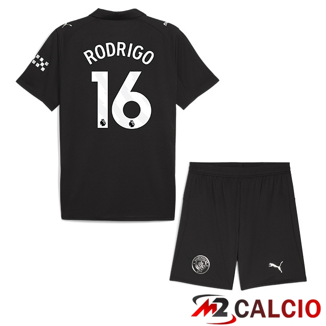 Maglie Calcio Manchester City (Rodrigo 16) Bambino Seconda Nero 2025/2026  Maglie Calcio Manchester City (Rodrigo 16) Bambino Seconda Nero 2025/2026