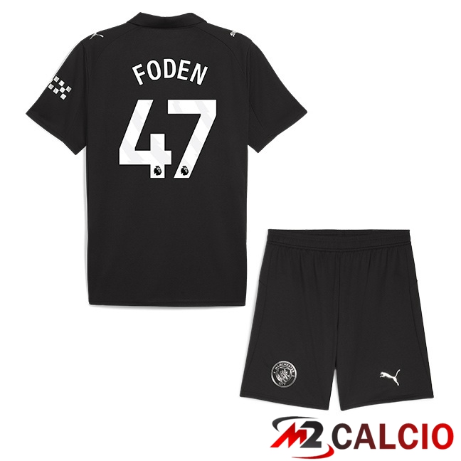 Maglie Calcio Manchester City (Phil Foden 47) Bambino Seconda Nero 2025/2026  Maglie Calcio Manchester City (Phil Foden 47) Bambino Seconda Nero 2025/2026