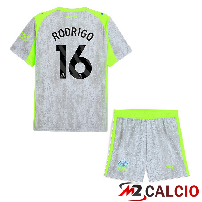 Maglie Calcio Manchester City (Rodrigo 16) Bambino Terza Grigio Verde 2025/2026  Maglie Calcio Manchester City (Rodrigo 16) Bambino Terza Grigio Verde 2025/2026