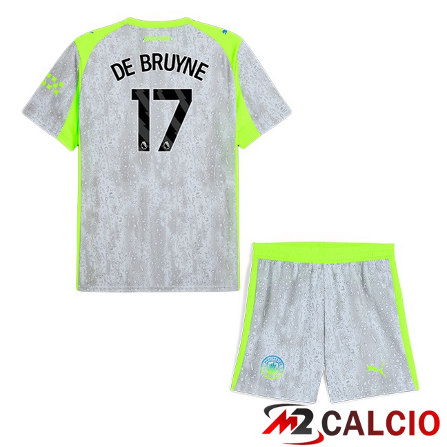 Maglie Calcio Manchester City (Kevin De Bruyne 17) Bambino Terza Grigio Verde 2025/2026  Maglie Calcio Manchester City (Kevin De Bruyne 17) Bambino Terza Grigio Verde 2025/2026