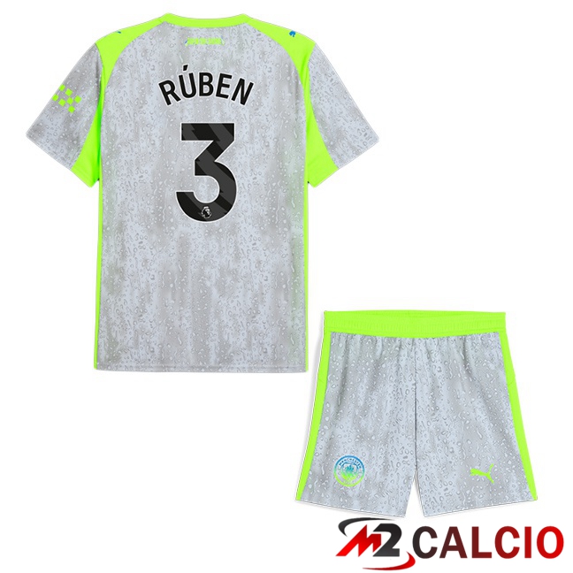 Maglie Calcio Manchester City (Ruben Dias 3) Bambino Terza Grigio Verde 2025/2026  Maglie Calcio Manchester City (Ruben Dias 3) Bambino Terza Grigio Verde 2025/2026