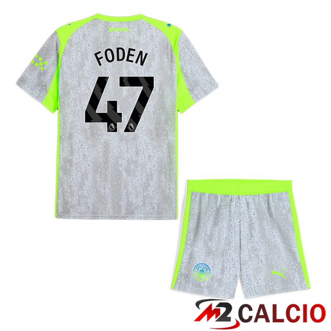 Maglie Calcio Manchester City (Phil Foden 47) Bambino Terza Grigio Verde 2025/2026  Maglie Calcio Manchester City (Phil Foden 47) Bambino Terza Grigio Verde 2025/2026