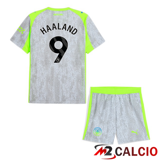 Maglie Calcio Manchester City (Erling Haaland 9) Bambino Terza Grigio Verde 2025/2026  Maglie Calcio Manchester City (Erling Haaland 9) Bambino Terza Grigio Verde 2025/2026