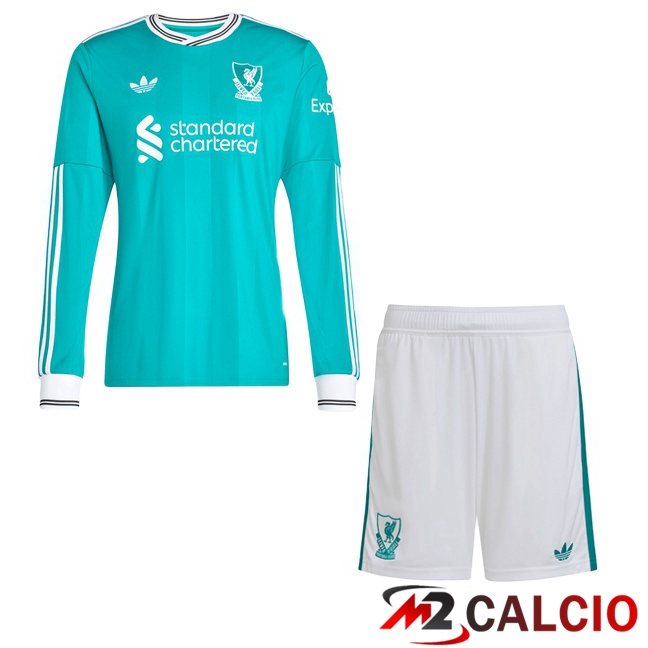 Maglie Calcio FC Liverpool Bambino Terza Manica Lunga Verde 2025/2026  Maglie Calcio FC Liverpool Bambino Terza Manica Lunga Verde 2025/2026