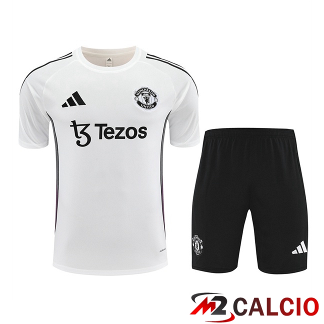 Insieme T Shirt Allenamento Manchester United + Pantaloncini Bianco 2025/2026  Insieme T Shirt Allenamento Manchester United + Pantaloncini Bianco 2025/2026