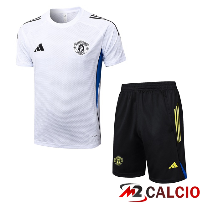 Insieme T Shirt Allenamento Manchester United + Pantaloncini Bianco 2025/2026  Insieme T Shirt Allenamento Manchester United + Pantaloncini Bianco 2025/2026