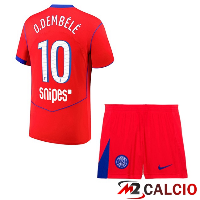 Maglie Calcio Paris PSG (O. Dembélé 10) Bambino Terza Rosso 2025/2026  Maglie Calcio Paris PSG (O. Dembélé 10) Bambino Terza Rosso 2025/2026