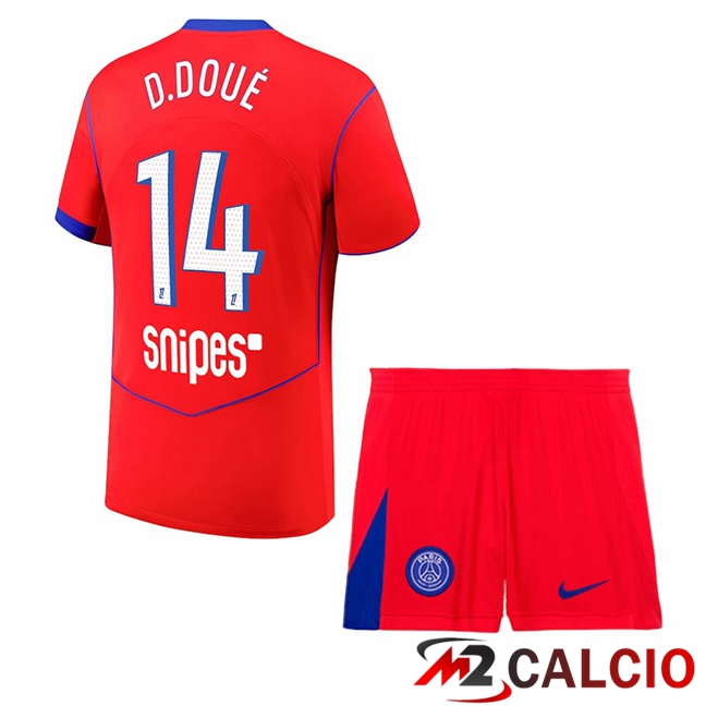 Maglie Calcio Paris PSG (D. Doué 14) Bambino Terza Rosso 2025/2026  Maglie Calcio Paris PSG (D. Doué 14) Bambino Terza Rosso 2025/2026