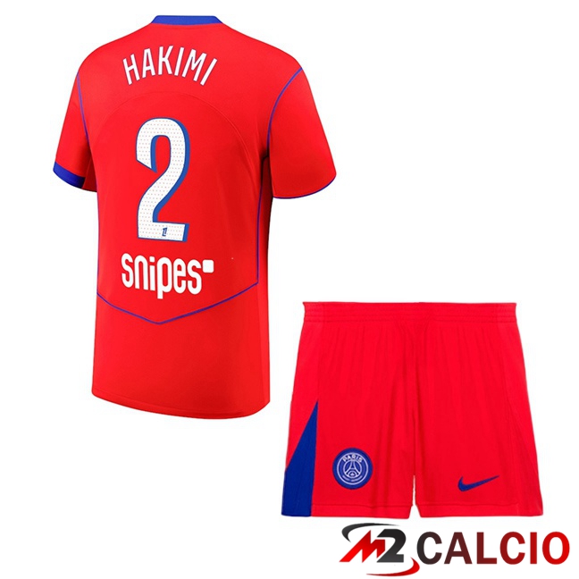Maglie Calcio Paris PSG (Hakimi 2) Bambino Terza Rosso 2025/2026  Maglie Calcio Paris PSG (Hakimi 2) Bambino Terza Rosso 2025/2026