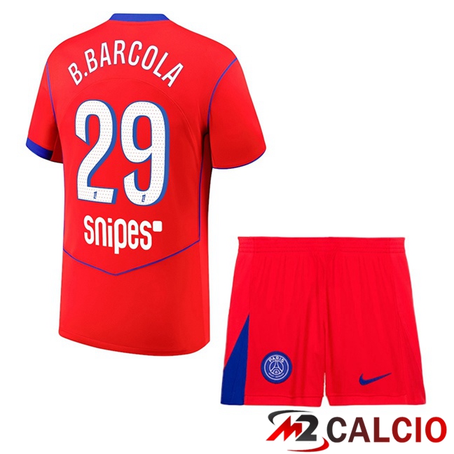 Maglie Calcio Paris PSG (B.Barcola 29) Bambino Terza Rosso 2025/2026  Maglie Calcio Paris PSG (B.Barcola 29) Bambino Terza Rosso 2025/2026