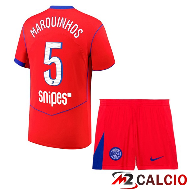 Maglie Calcio Paris PSG (Marquinhos 5) Bambino Terza Rosso 2025/2026  Maglie Calcio Paris PSG (Marquinhos 5) Bambino Terza Rosso 2025/2026