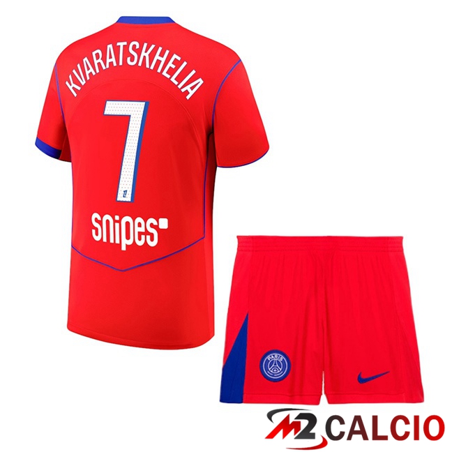 Maglie Calcio Paris PSG (Kvaratskhelia 7) Bambino Terza Rosso 2025/2026  Maglie Calcio Paris PSG (Kvaratskhelia 7) Bambino Terza Rosso 2025/2026