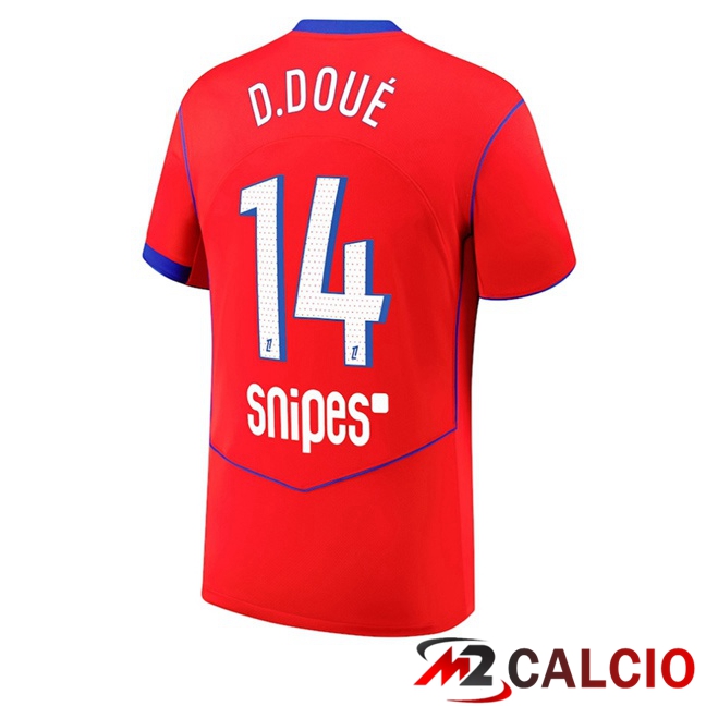 Maglie Calcio Paris PSG (D. Doué 14) Terza Rosso 2025/2026  Maglie Calcio Paris PSG (D. Doué 14) Terza Rosso 2025/2026