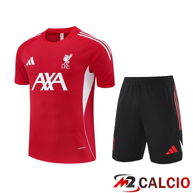 Insieme T Shirt Allenamento FC Liverpool + Pantaloncini Rosso 2025/2026  Insieme T Shirt Allenamento FC Liverpool + Pantaloncini Rosso 2025/2026