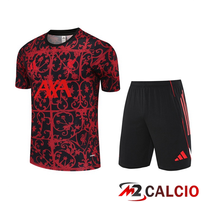 Insieme T Shirt Allenamento FC Liverpool + Pantaloncini Rosso Nero 2025/2026  Insieme T Shirt Allenamento FC Liverpool + Pantaloncini Rosso Nero 2025/2026