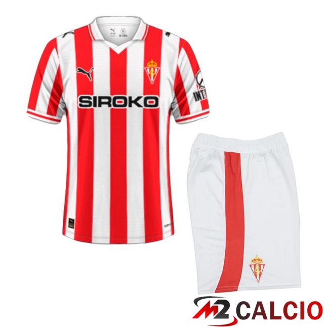 Maglie Calcio Sporting Gijon Bambino Prima Rosso Bianco 2025/2026  Maglie Calcio Sporting Gijon Bambino Prima Rosso Bianco 2025/2026