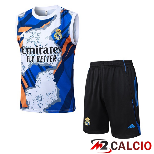 Canotta Allenamento Real Madrid + Pantaloncini Blu Bianco 2025/2026 Canotta Allenamento Real Madrid + Pantaloncini Blu Bianco 2025/2026