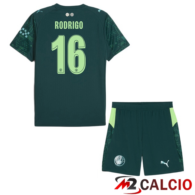 Maglie Calcio Manchester City (Rodrigo 16) Bambino Quarto Verde 2025/2026 Maglie Calcio Manchester City (Rodrigo 16) Bambino Quarto Verde 2025/2026