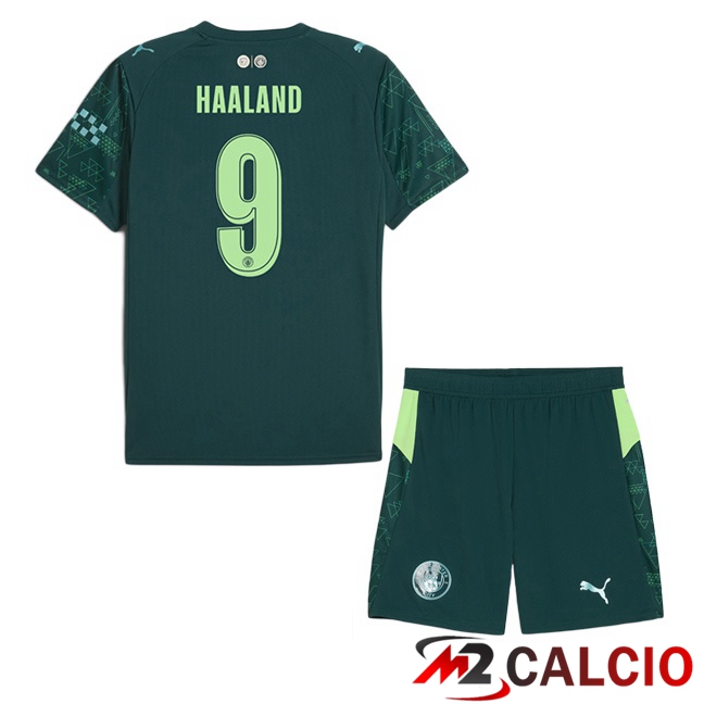 Maglie Calcio Manchester City (Erling Haaland 9) Bambino Quarto Verde 2025/2026 Maglie Calcio Manchester City (Erling Haaland 9) Bambino Quarto Verde 2025/2026