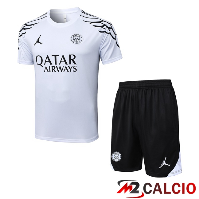 Insieme T Shirt Allenamento Jordan Paris PSG + Pantaloncini Bianco 2025/2026 Insieme T Shirt Allenamento Jordan Paris PSG + Pantaloncini Bianco 2025/2026